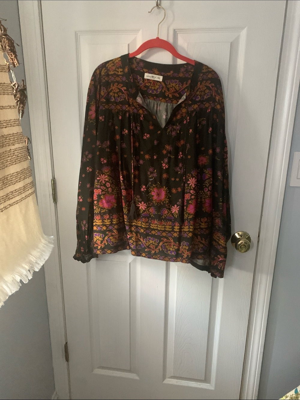 NATURAL LIFE Black Boho Floral Peasant Blouse with Pink & Purple Accents